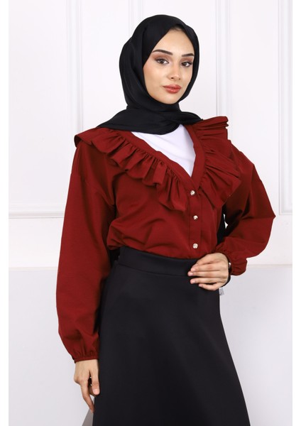 Bordo Yaka Fırfırlı Düğmeli Gömlek fiyatları
