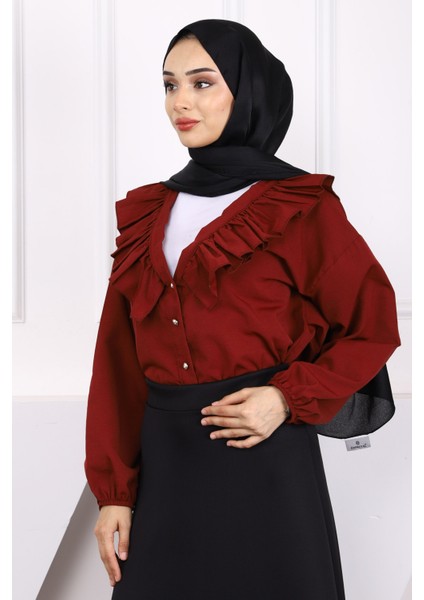 Bordo Yaka Fırfırlı Düğmeli Gömlek modelleri