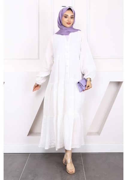 Ekru Yarım Düğmeli Katlı Müslin Elbise