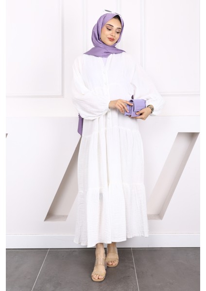 Ekru Yarım Düğmeli Katlı Müslin Elbise fiyatları