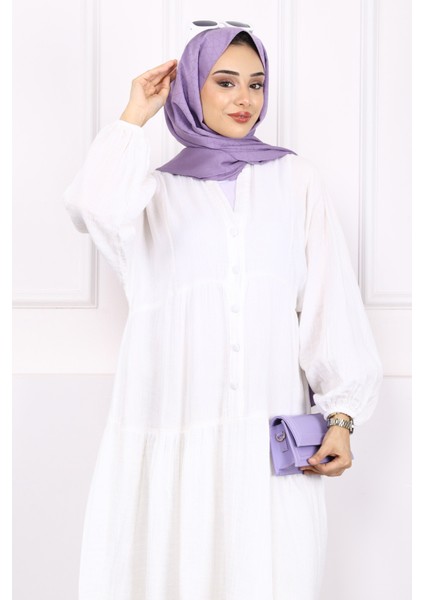 Ekru Yarım Düğmeli Katlı Müslin Elbise modelleri