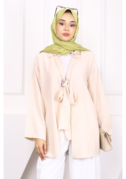 Bej Ön Bağlamalı Modal Kimono
