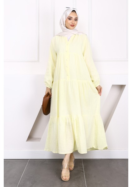 Sarı Yarım Düğmeli Katlı Müslin Elbise fiyatları