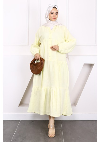 Sarı Yarım Düğmeli Katlı Müslin Elbise modelleri