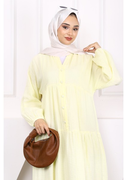Sarı Yarım Düğmeli Katlı Müslin Elbise fırsatları