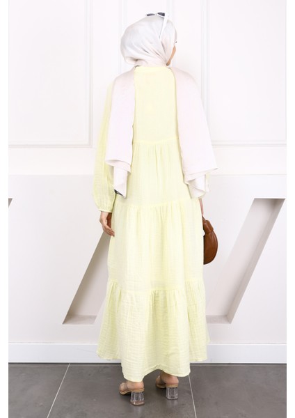 Sarı Yarım Düğmeli Katlı Müslin Elbise indirimleri