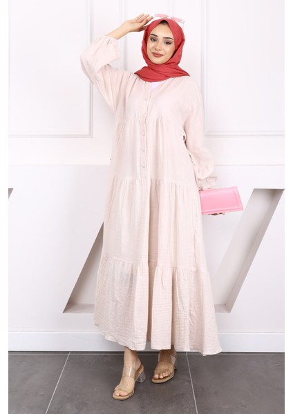 Taş Yarım Düğmeli Katlı Müslin Elbise