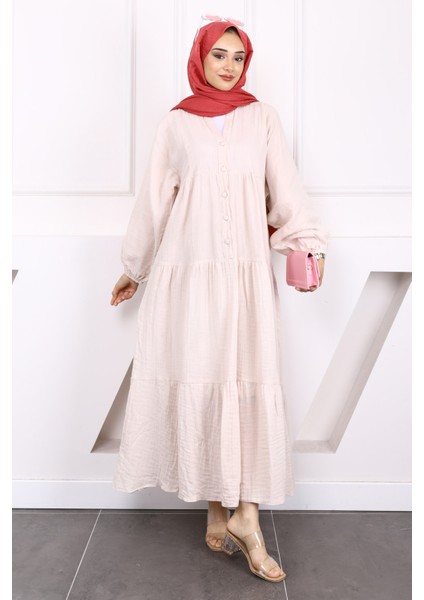 Taş Yarım Düğmeli Katlı Müslin Elbise fiyatları
