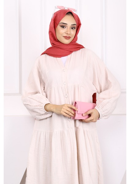 Taş Yarım Düğmeli Katlı Müslin Elbise modelleri