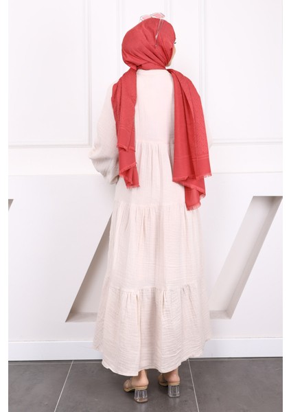 Taş Yarım Düğmeli Katlı Müslin Elbise fırsatları