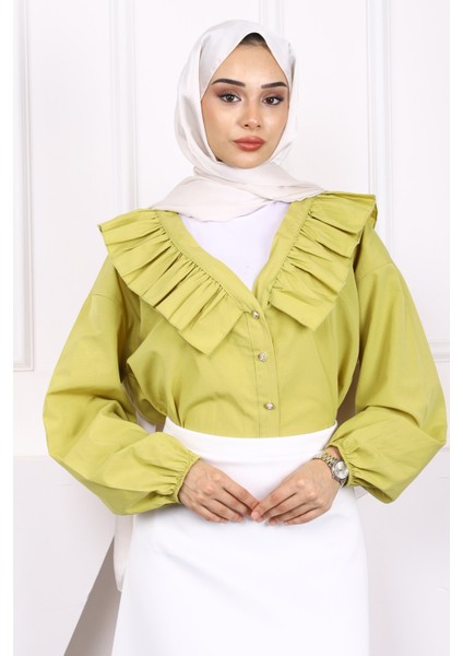 Yağ Yeşili Yaka Fırfırlı Düğmeli Gömlek