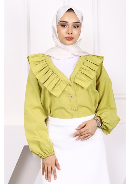 Yağ Yeşili Yaka Fırfırlı Düğmeli Gömlek fiyatları