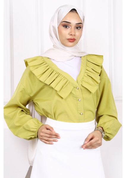 Yağ Yeşili Yaka Fırfırlı Düğmeli Gömlek modelleri