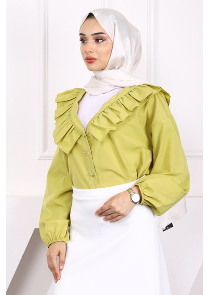 Yağ Yeşili Yaka Fırfırlı Düğmeli Gömlek fırsatları