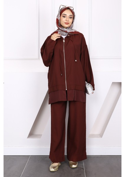 Bordo Fermuarlı Tunik Pantolonlu Takım