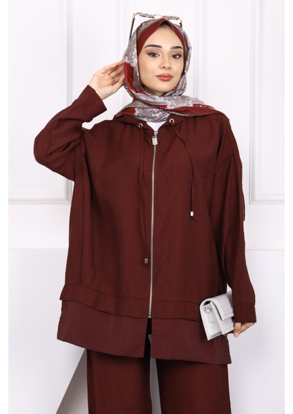 Bordo Fermuarlı Tunik Pantolonlu Takım modelleri