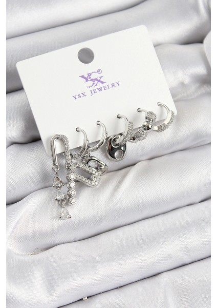 Bfs Pirinç Zirkon Taşlı Dikdörtgen Model Gümüş Renk 3'lü Çift Kadın Küpe