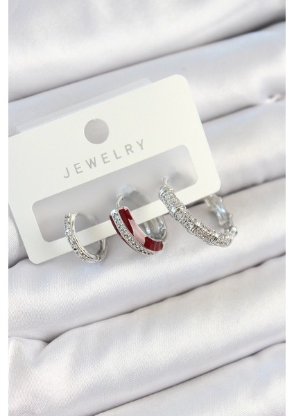 Bfs Pirinç Zirkon Taşlı Bordo Pembe Halka Model Gümüş Renk 3'lü Çift Kadın Küpe Set