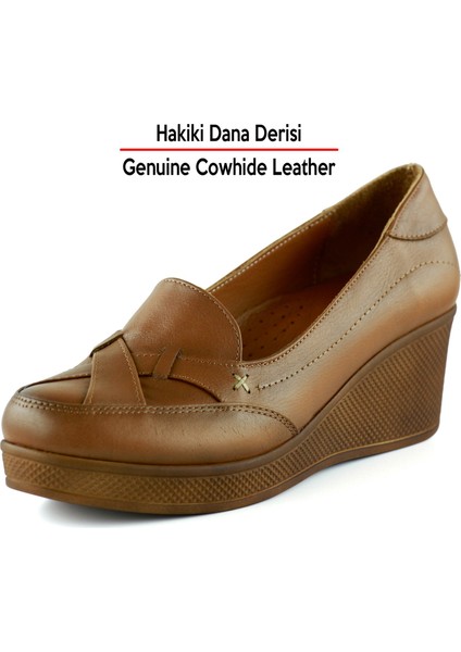 Shay Exclusive Taba Hakiki Deri Çapraz Bant Detaylı İşlemeli Dolgu Topuklu Günlük Ayakkabı fırsatları