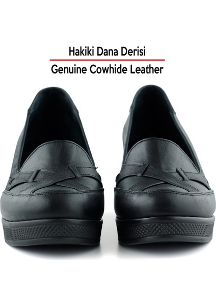 Shay Exclusives Siyah Hakiki Deri Çapraz Bant Detaylı Işlemeli Dolgu Topuklu Günlük Ayakkabı