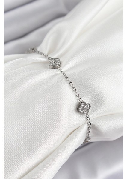 Bfs 316L Çelik Yonca Model Gümüş Renk Kadın Bileklik