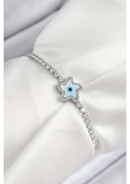 Bfs Pirinç Zirkon Taşlı Nazar Yıldız Model Gümüş Renk Asansörlü Kadın Bileklik