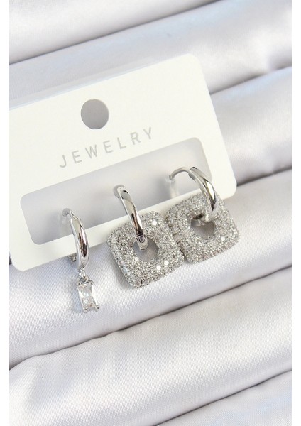 Bfs Pirinç Zirkon Taşlı Kare Model Gümüş Renk 3'lü Çift Kadın Küpe Set