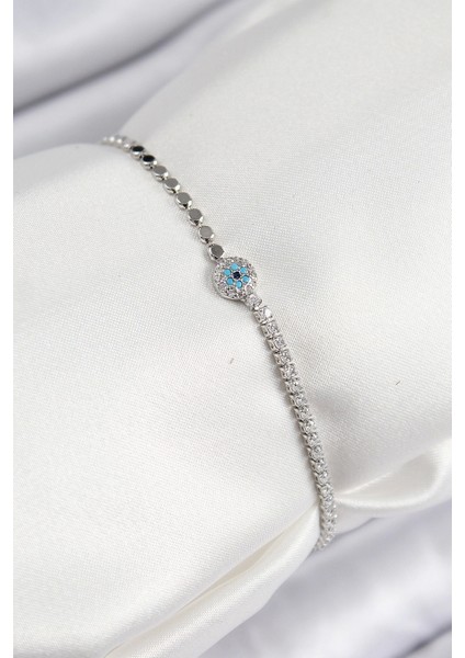 Bfs Pirinç Zirkon Taşlı Nazar Model Ezme Zincir Gümüş Renk Kadın Bileklik