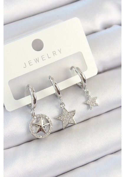 Bfs Pirinç Zirkon Taşlı Yıldız Model Gümüş Renk 3'lü Çift Kadın Küpe Set