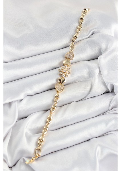 Bfs Pirinç Zirkon Taşlı Kalp Detaylı Çiçek Model Gold Renk Kadın Bileklik fiyatları