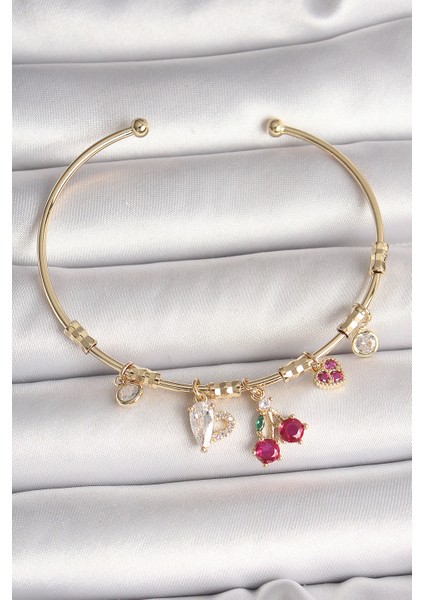 Bfs Pirinç Gold Renk Sallantı Kırmızı Zirkon Taşlı Kiraz Figür Charm Kadın Bileklik