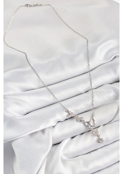 Bfs 316L Çelik Zirkon Taşlı Kelebek Model Gümüş Renk Kadın Kolye fiyatları