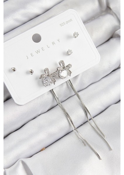 Bfs Pirinç Zirkon Taşlı Sallantılı Fiyonk Model Gümüş Renk 925 Ayar Gümüş Çivi Kadın Küpe Set