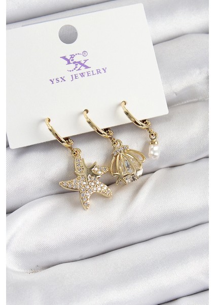 Bfs Pirinç Zirkon Taşlı Deniz Yıldızı ve Istiridye Model Gold Renk 3'lü Kadın Küpe