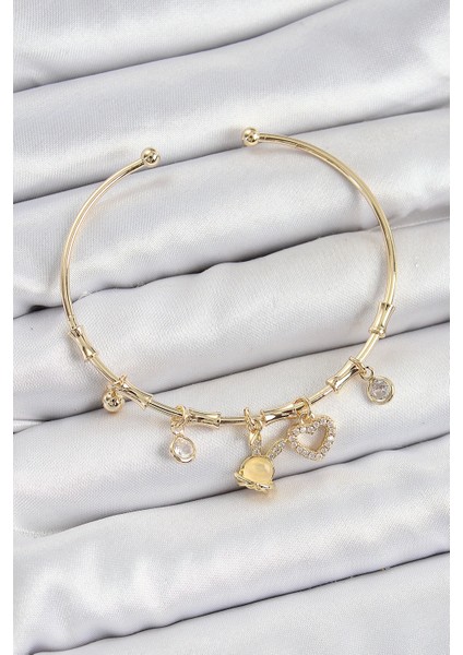 Bfs Pirinç Zirkon Taşlı Tavşan ve Kalp Model Gold Renk Charm Bileklik