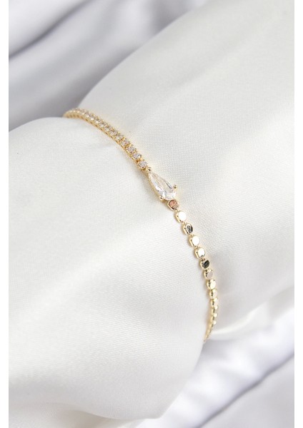 Bfs Pirinç Zirkon Taşlı Damla Model Ezme Zincir Gold Renk Kadın Bileklik