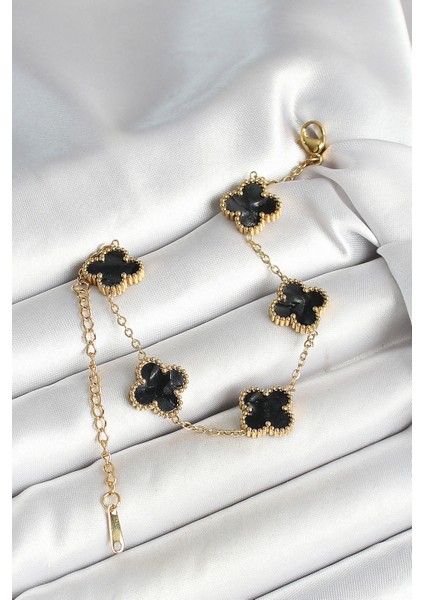 Bfs 316L Çelik Sedefli Siyah Gold Renk Yonca Kadın Bileklik