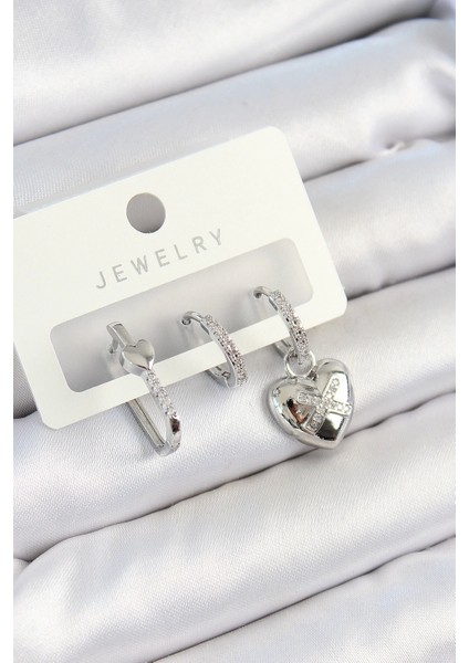 Bfs Pirinç Zirkon Taşlı Kalp Model Gümüş Renk 3'lü Çift Kadın Küpe Set