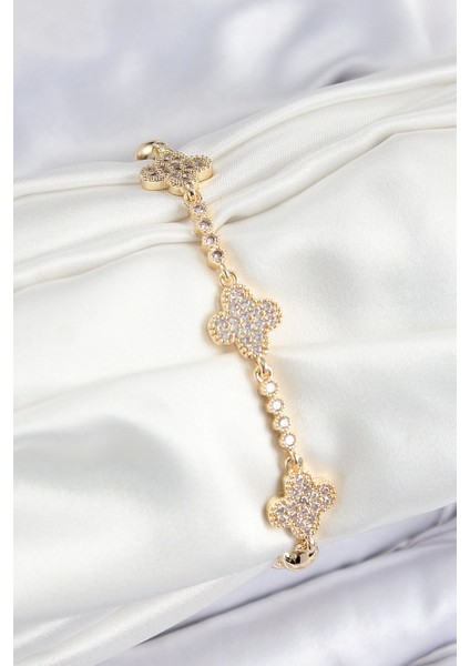 Bfs Pirinç Zirkon Taşlı Yonca Model Gold Renk Kadın Bileklik