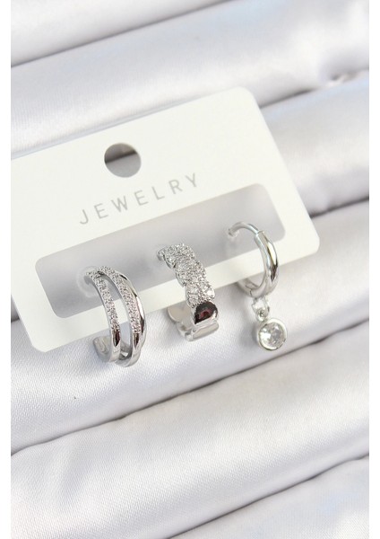 Bfs Pirinç Zirkon Taşlı Halka Model Gümüş Renk 3'lü Çift Kadın Küpe Set