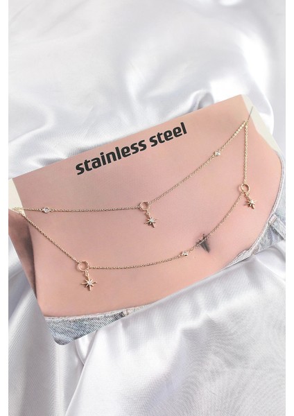 Bfs 316L Çelik Zirkon Taşlı Kutup Yıldızı Model Gold Renk Göbek Bel Zinciri