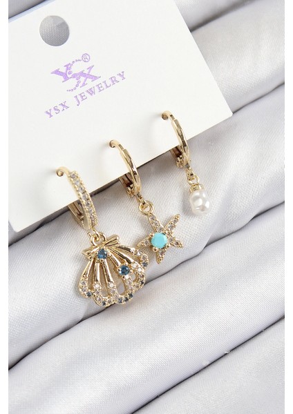 Bfs Pirinç Zirkon Taşlı 3'lü Istiridye ve Yıldız Model Gold Renk Kadın Küpe