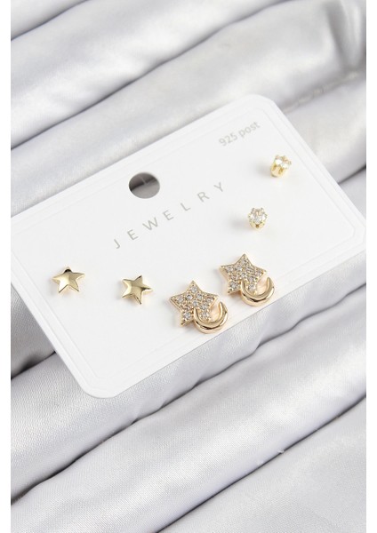 Bfs Pirinç Zirkon Taşlı Yıldız Model Gold Renk 925 Ayar Gümüş Çivi Kadın Küpe Set
