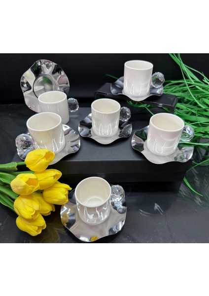 6 Kişilik 12 Parça Özel Tasarım Porselen ve Metal Cam Kıristal Kulplu Fincan Takımı