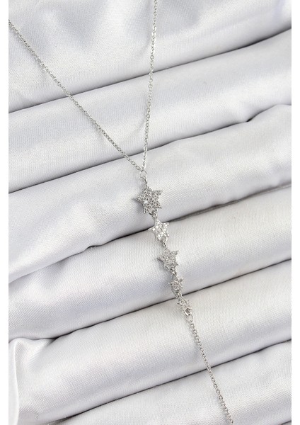 Bfs Pirinç Zirkon Taşlı Sıralı Yıldız Figürlü Y Model Gümüş Renk Kadın Kolye