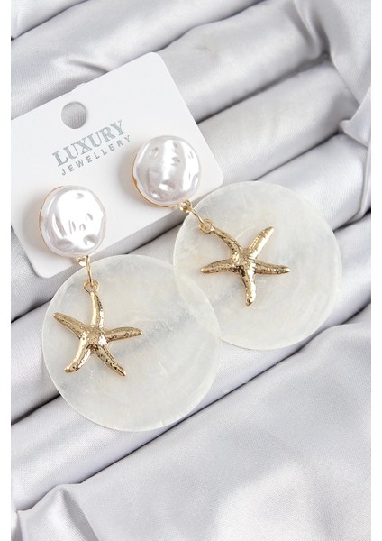 Bfs Pirinç Incili Deniz Kabuğu Figürlü Sedef Model Gold Renk Kadın Küpe