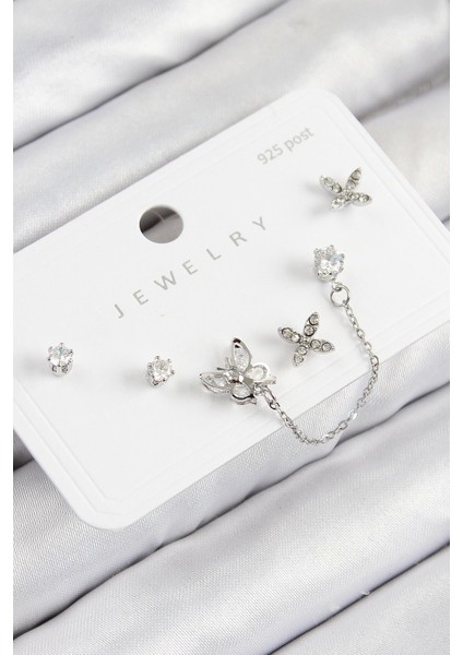 Bfs Pirinç Zirkon Taşlı Kelebek Model Gümüş Renk 925 Ayar Gümüş Çivi Kadın Küpe Set