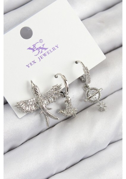 Bfs Pirinç Zirkon Taşlı 3'lü Kuş Model Gümüş Renk Kadın Küpe