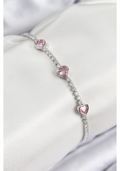 Bfs Pirinç Zirkon Taşlı Pembe Kalp Model Gümüş Renk Kadın Bileklik