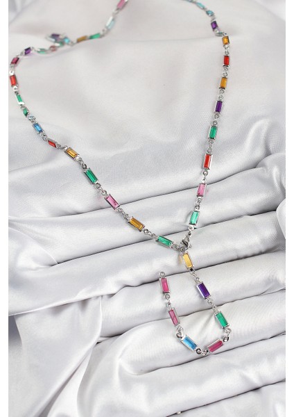 Bfs Pirinç Renkli Zirkon Taşlı Dikdörtgen Model Gümüş Renk Kadın Y Kolye fiyatları